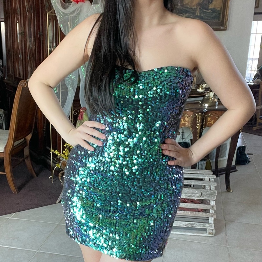 Green/Blue Sequin Strapless Dress L - Picture 4 of 4